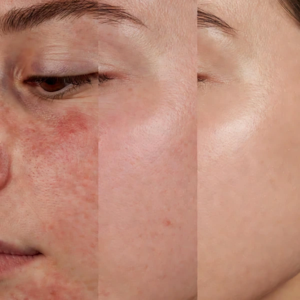 Before and after progression showing reduction in redness, rosacea, and uneven skin tone