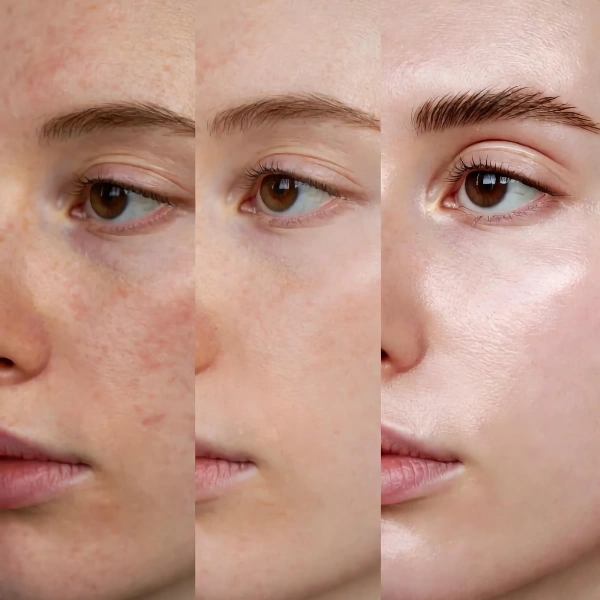 Before and after progression showing improved skin texture, reduced pores, and luminous glow