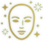 A stylized gold face mask, inspired by luxe vampire facial treatments, is surrounded by decorative green patterns, including stars, circles, and sun shapes, on a transparent background.