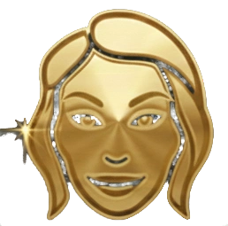 A gold pin shaped like a smiling womans face with shoulder-length hair, shown with a sparkling shine effect on the left side.