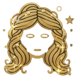 A stylized golden illustration of a face with wavy hair, surrounded by small stars and dots. The facial features are minimal and abstract, focusing on the hair and decorative elements.