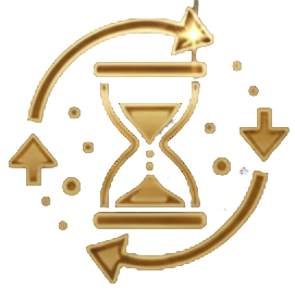 A gold hourglass with sand inside, surrounded by three curved arrows forming a circular motion, symbolizing the passage of time or a time cycle. Small gold dots are scattered around the design.