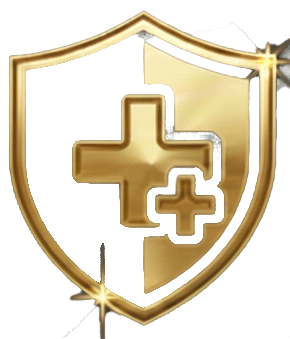 A gold shield with two overlapping gold medical crosses in the center, one larger and one smaller, with three sparkling star effects on the shield’s edges.