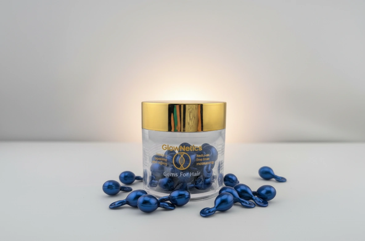 Glownetics gems for skin with blue skin gems displayed for skin enhancement.