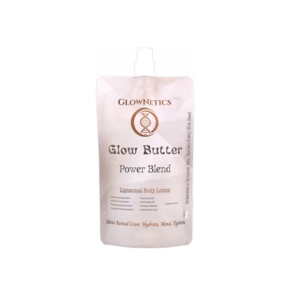 A white pouch labeled “GlowNetics Glow Butter Power Blend,” a liposomal body lotion. The packaging, ideal for post-microneedling at home, features a DNA helix and highlights hydration, metal detox, and skin revival benefits.