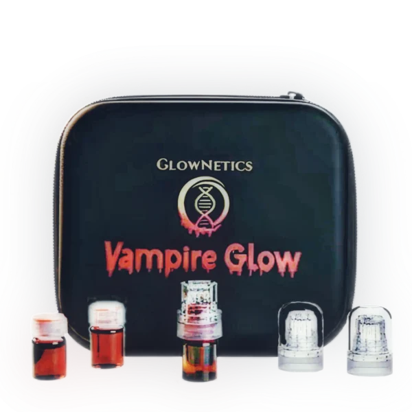 A GlowNetics Vampire Glow skincare kit, featuring a black zippered carrying case with red text, two small vials of peptide serum, one microneedling device with a vial attached, and two clear cap attachments.