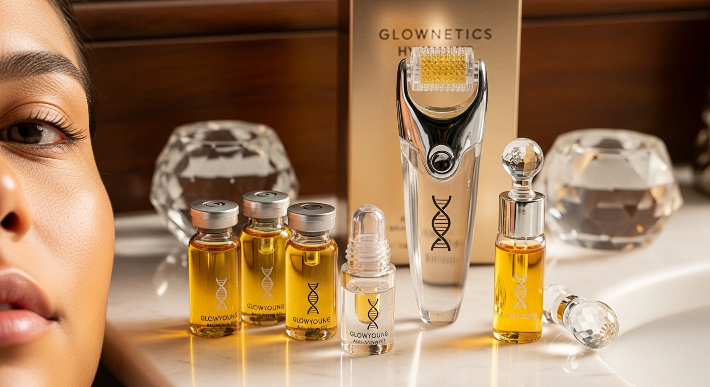 Close-up of eye area with smooth skin, featuring natural smile lines, promoting Glownetics anti aging serum for youthful radiance.