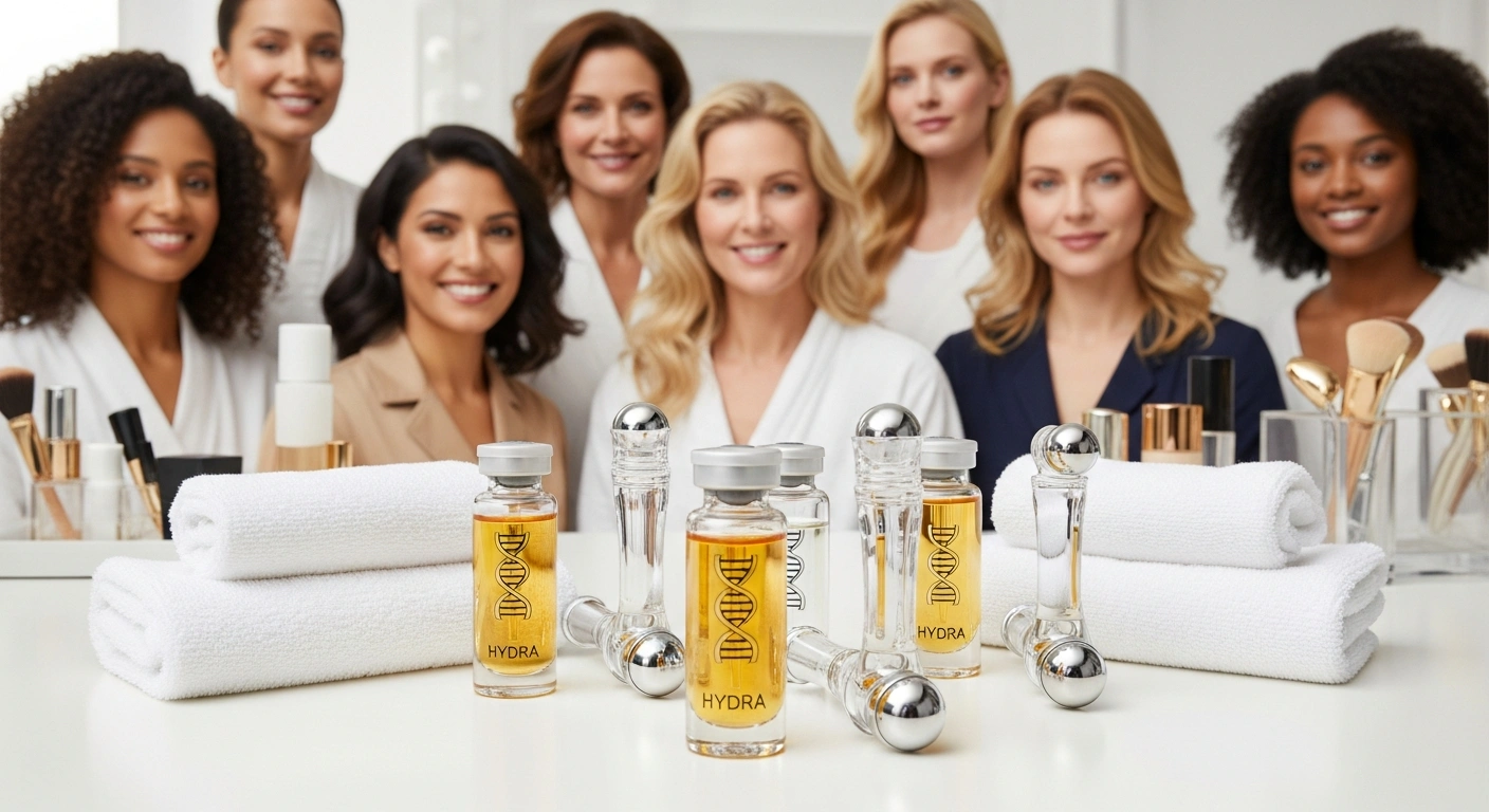 A group of seven women smiling behind a counter displaying skincare serums labeled Hydra, rolled towels, and metal massage tools, with makeup brushes and bottles in the background. Confident women of diverse ages showcase healthy, glowing skin. Discover the power of an at home microneedling kit with Glownetics for ageless radiance.