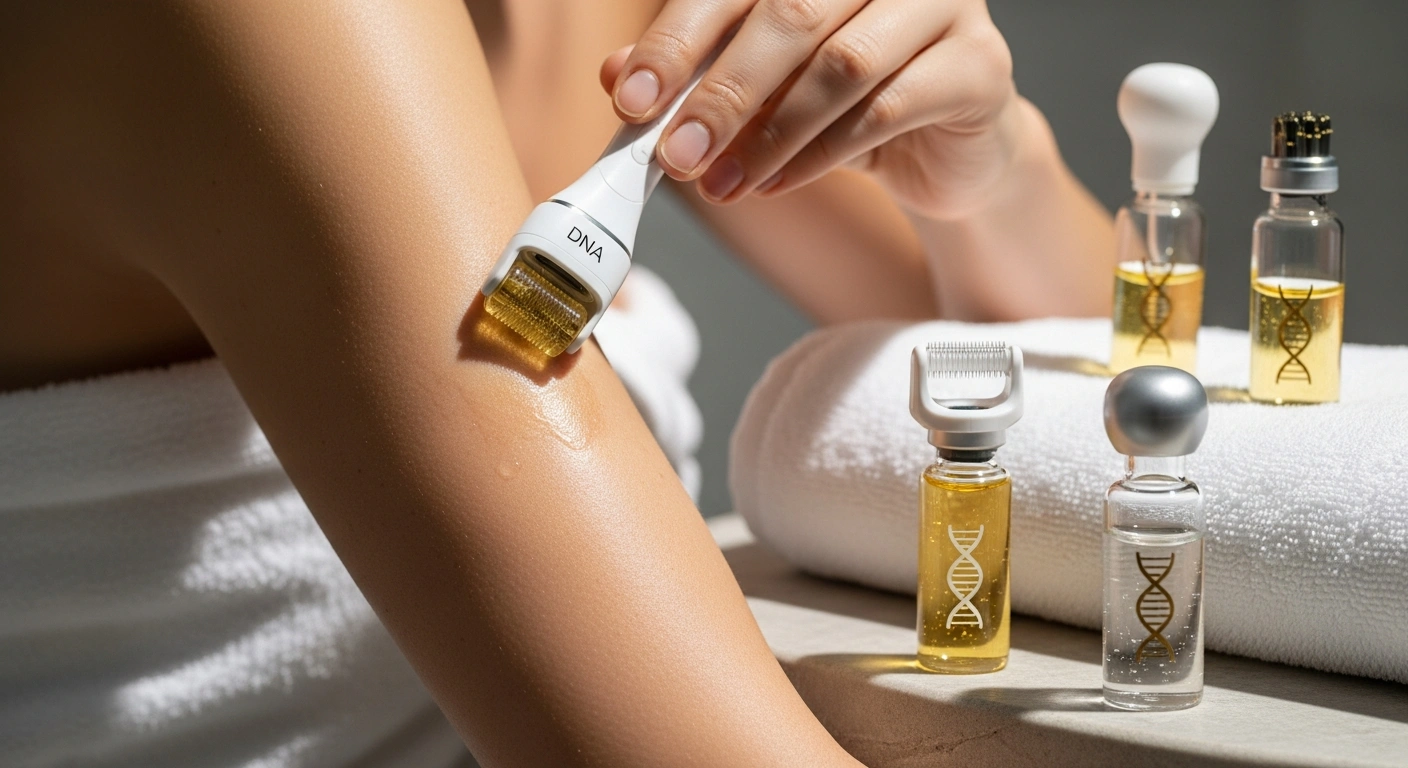 A person applies serum to their arm with a microneedling roller. Four bottles of golden serum with DNA symbols are on a table nearby, one capped and others with various roller attachments. The person is wrapped in a white towel. Microneedling treatment on an arm using a home device. Consider pairing with Glownetics best body lotion for crepey skin for optimal results.
