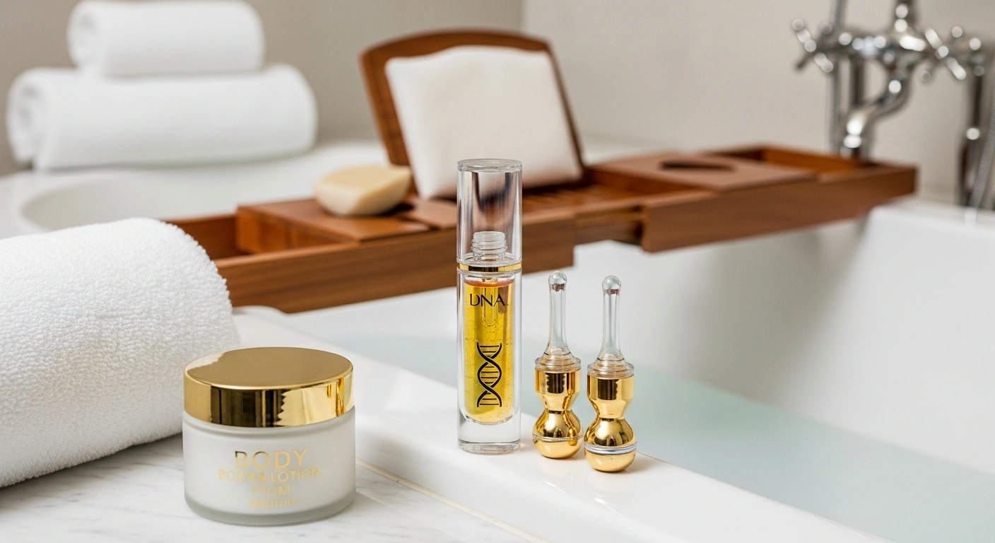 Elegant Glownetics body lotion jar for improving skin texture. Looking for the best body lotion for crepey skin? This luxurious lotion hydrates and firms.