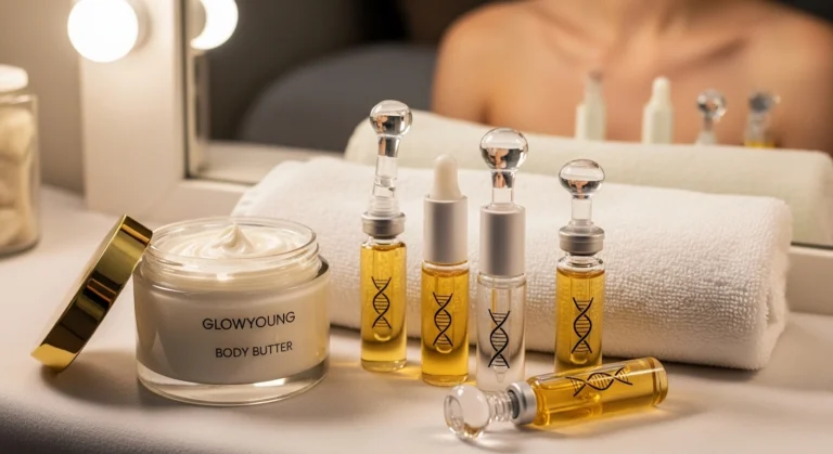 Elegant décolletage showcasing smooth skin, potentially achieved with Glownetics' best body lotion for crepey skin. Focus on skincare and neck care.