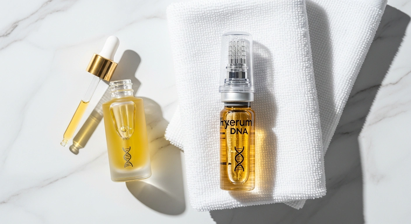 Two bottles of golden serum, one with a dropper and one with a pump labeled ixserum DNA, are placed on a white textured towel on a marble surface. Golden Glownetics serum in a dropper, part of a minimalist skincare flatlay. The best serum for microneedling helps maximize results and enhance skin's radiance.