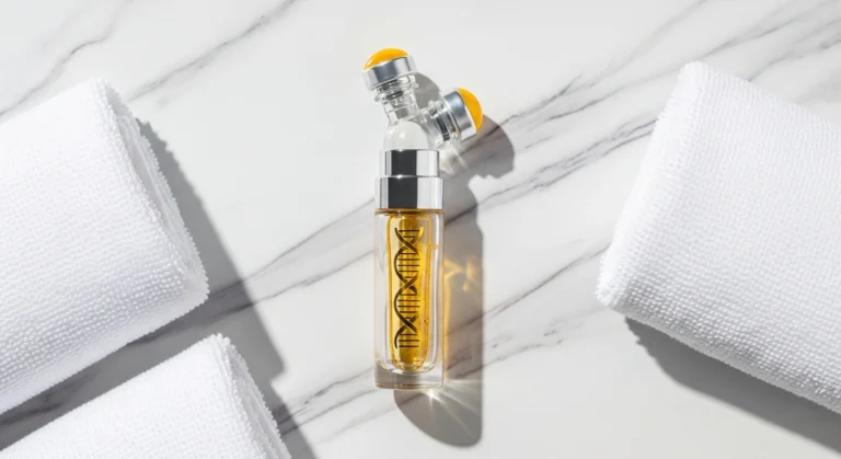 Citrus-themed product shot featuring Glownetics best serum for microneedling, promising radiant skin. Consider a hyaluronic acid serum for added hydration.