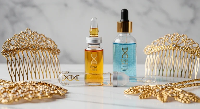 Close-up of Glownetics copper peptide serum in a blue-tinted dropper bottle, showcasing its scientific approach to skincare.