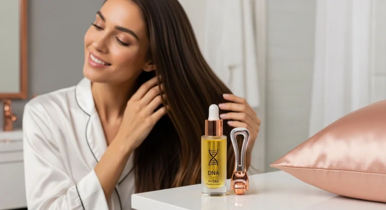 A scientific look at hair growth serum and copper peptides by Glownetics, showcasing rose gold tones for a premium feel.