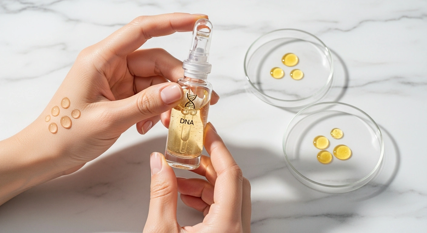 A person holds a dropper bottle of facial serum. Drops of serum are on the back of their hand and in two glass dishes on a white marble surface. The scene suggests skincare or beauty product testing. Close-up of dewy skin with clear serum droplets. Achieve radiant hydration with Glownetics hyaluronic acid serum.