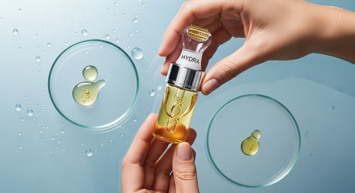 Close-up of water droplets showcasing the hydrating power of Glownetics hyaluronic acid serum. Molecular weight affects results.