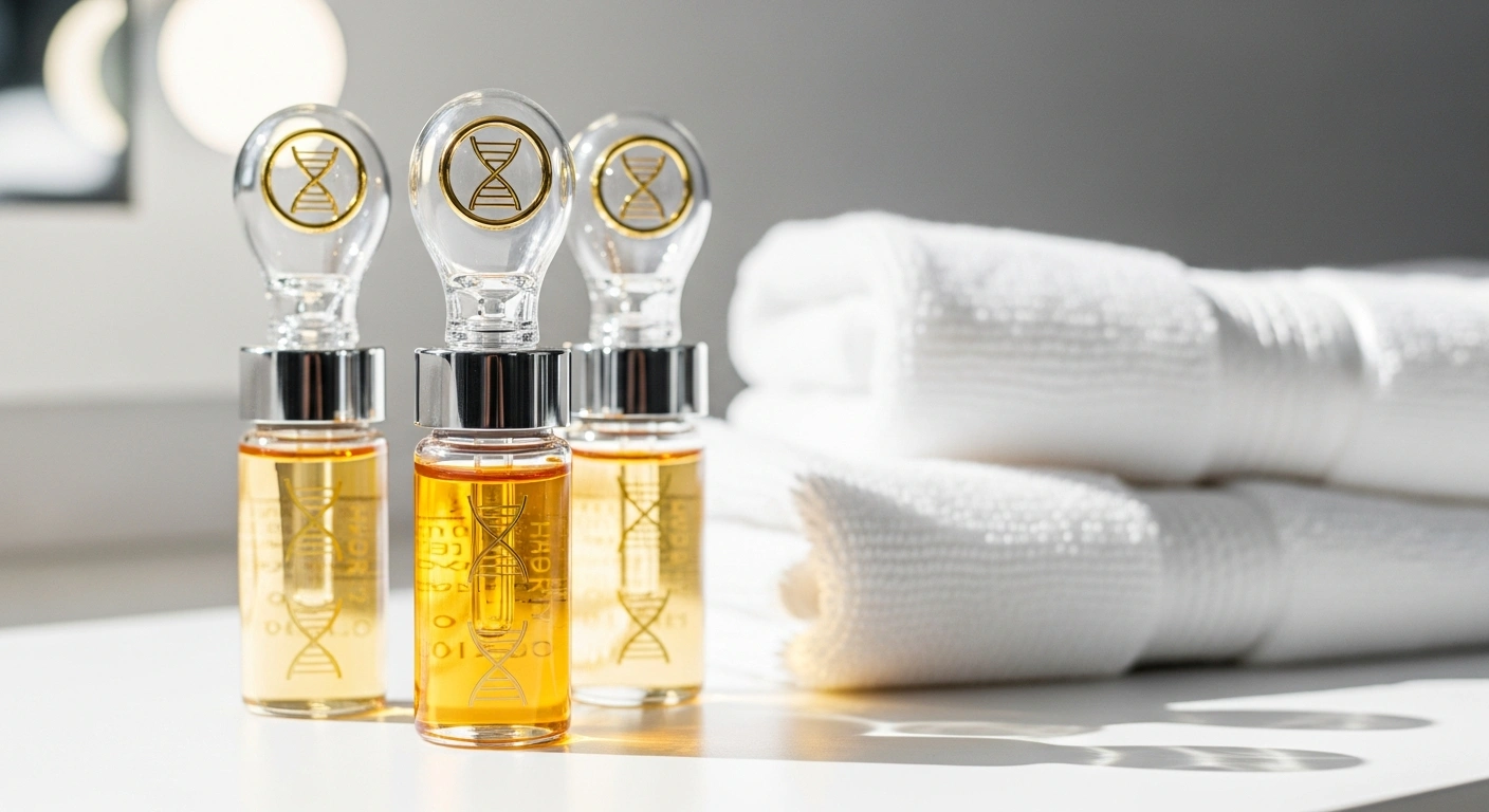 Three small glass bottles filled with amber-colored liquid, featuring DNA symbols on their round caps, are arranged in a row next to neatly folded white towels on a bright, sunlit surface. Friendly guide to understanding microneedling at home kit options. Learn more about derma rolling and skincare from Glownetics.
