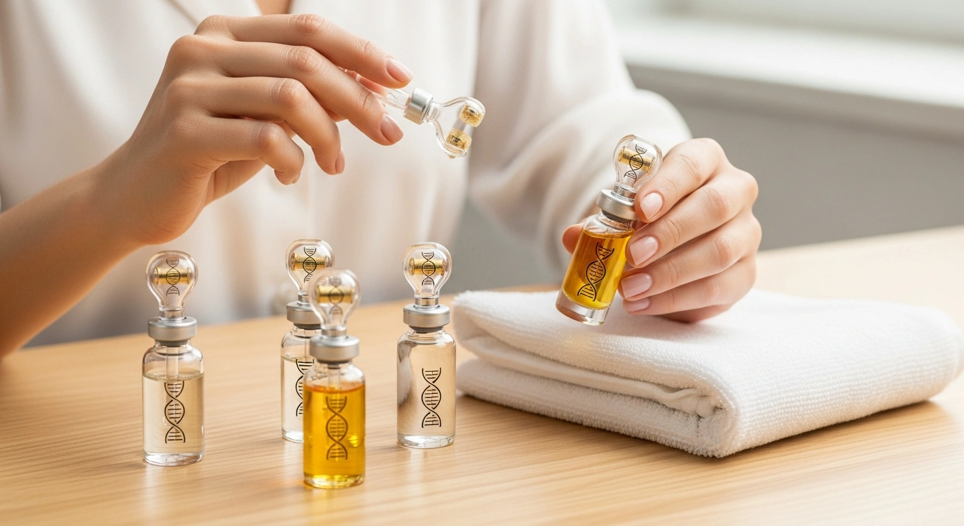A person uses a dropper to dispense serum from a glass bottle with a DNA symbol on it. Five similar bottles are arranged on a wooden table next to a folded white towel. Microneedling myths debunked! Learn the facts about using a microneedling at home kit safely with Glownetics. Myth vs. Fact graphic.
