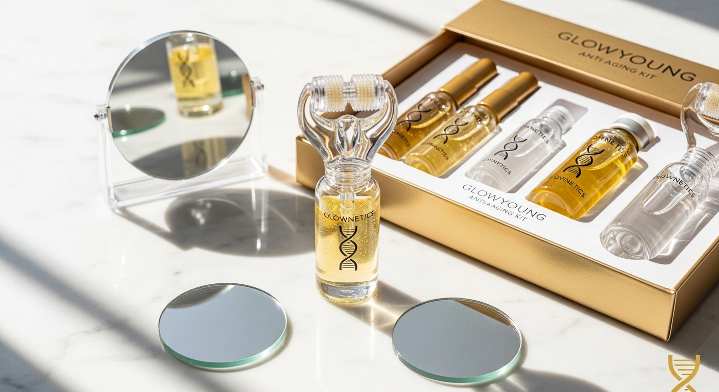 A skincare set labeled GlowYoung Anti-Aging Kit includes four bottles, a facial roller, and two round mirrors, all arranged on a white surface with sunlight streaming in. Achieve smoother skin texture with a Glownetics microneedling at home kit. Hopeful results after collagen induction therapy. Learn more!