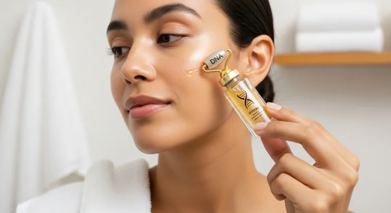 Woman using a microneedling at home kit by Glownetics in a clean bathroom setting. Getting radiant skin with collagen induction therapy.