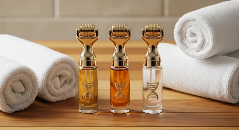 Gentle skincare routine featuring calming products, perfect for microneedling at home kit aftercare. Glownetics offers solutions for radiant skin.