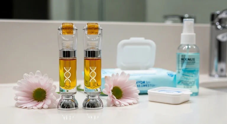 A clean Glownetics microneedling kit surrounded by sanitizing supplies. Properly cleaning your microneedling device is essential for safe at home microneedling.