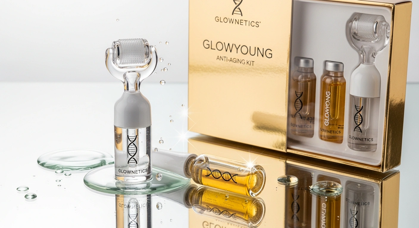 Glownetics vs Qure Skincare at home microneedling kit comparison. A professional product layout showcasing both brands.