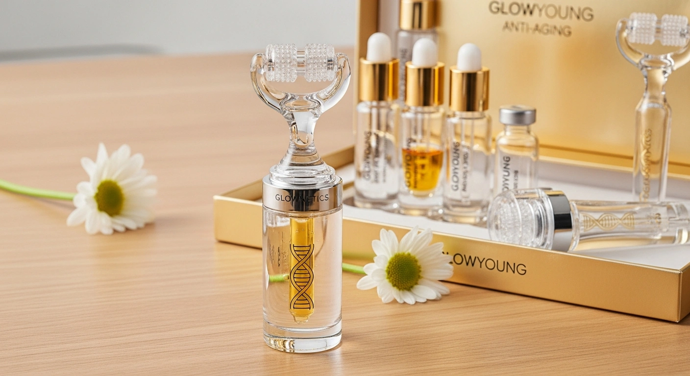A skincare serum bottle labeled Glowyong with a roller applicator sits on a wooden table, surrounded by skincare products in a gold box and white daisies for decoration. Is a microneedling kit from Glownetics worth the investment? Evaluating the cost-benefit ratio of at home microneedling treatments.