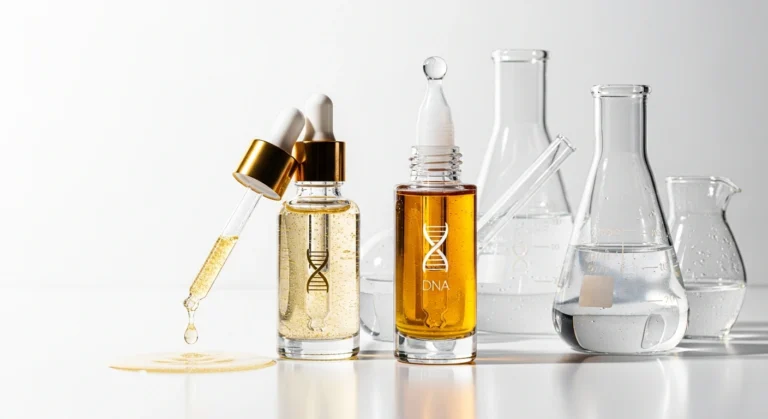 Close-up of Glownetics niacinamide serum, showing a clear droplet emphasizing its smooth texture on a pristine white surface.