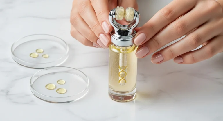 Elegant peptide serum bottles in a scientific aesthetic. Discover the anti-wrinkle benefits of Glownetics' peptide serum, retinol serum, and niacinamide serum.