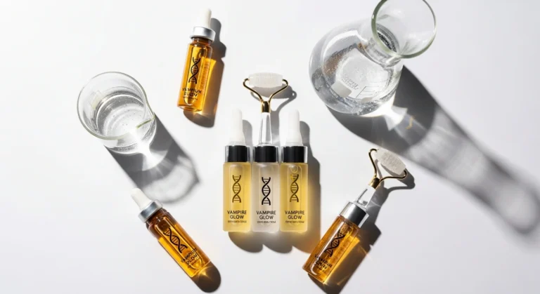 Luxurious skincare flatlay showcasing items for a PRP facial at home, including microneedling device and gold serum bottles. Glownetics brand.