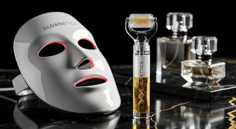 Glownetics features a red light therapy for face device paired with a microneedling at home kit, ready for a skin rejuvenation treatment.