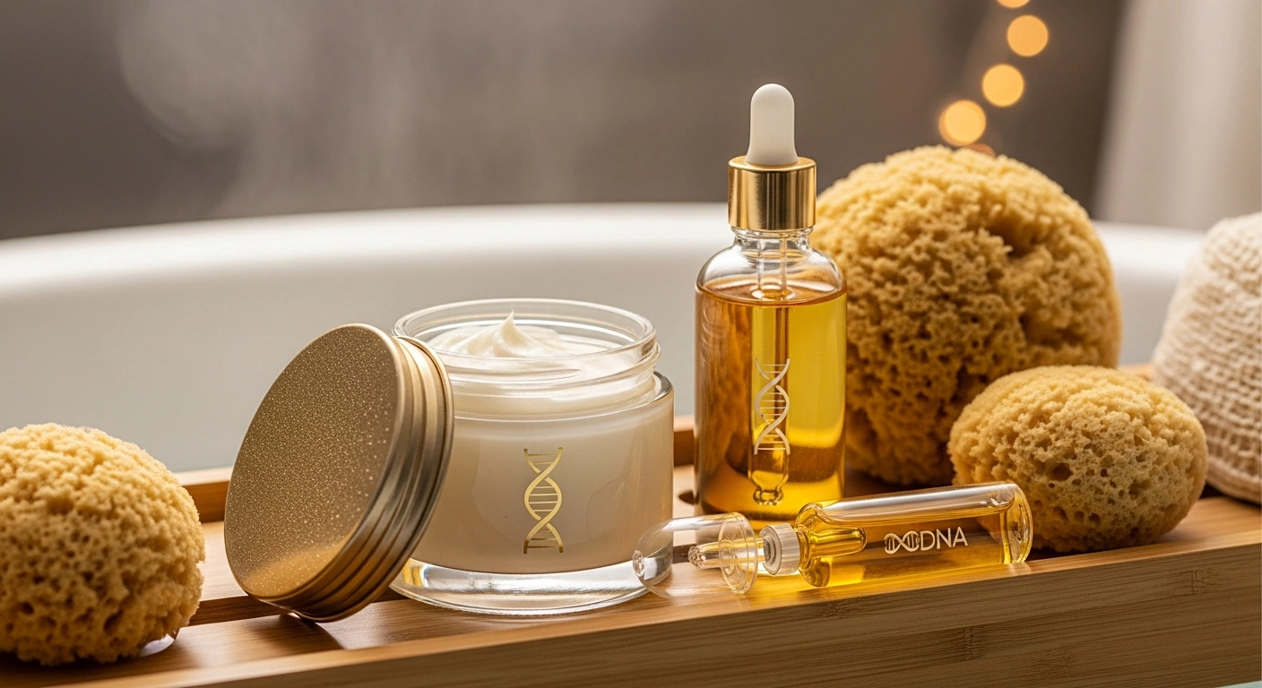 A jar of cream, a dropper bottle of oil, and a glass ampoule sit on a wooden tray with natural sea sponges, creating a spa-like setting. The products have gold lids and feature a DNA double helix design. Luxurious Glownetics retinol body lotion in an elegant setting. Discover the best body lotion for crepey skin and achieve radiant skin with Glownetics.