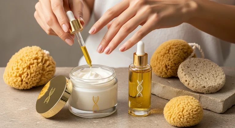 Elegant hands applying Glownetics retinol body lotion for youthful, smooth skin. Achieve radiant results with the best body lotion for crepey skin.