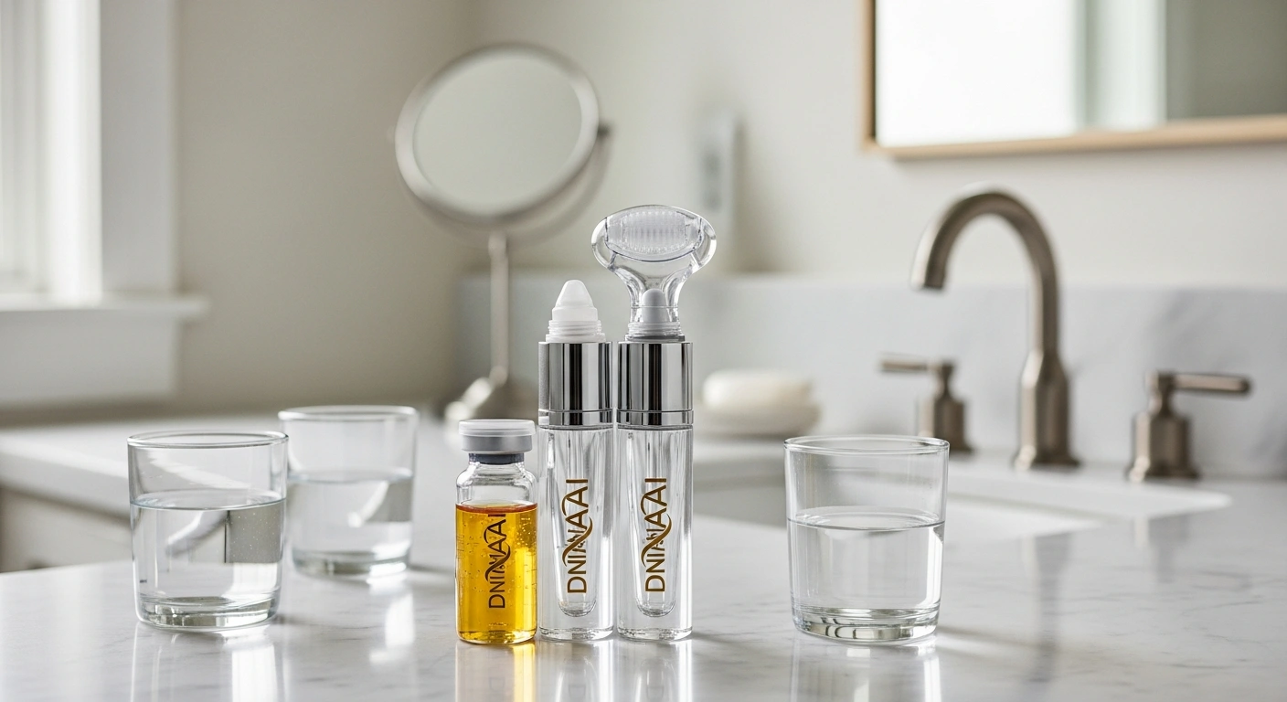 Three glass cups of water, a small bottle of yellow liquid, and two clear cosmetic bottles labeled “DNINAAI” are arranged on a marble bathroom counter in front of a sink and mirror. Elegant bottle of Glownetics retinol serum on a marble surface, embodying anti-aging sophistication. Achieve radiant skin.
