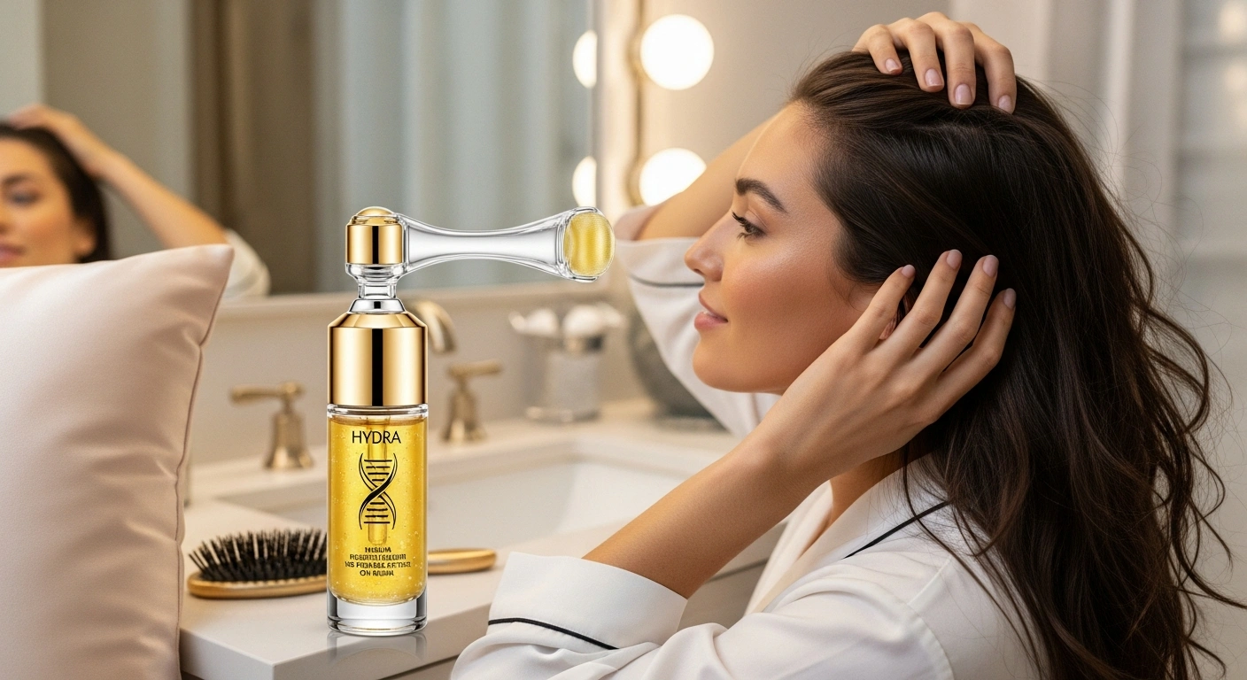 Healthy scalp and thick hair after scalp microneedling treatment using Glownetics. Promoting confidence and hair growth.